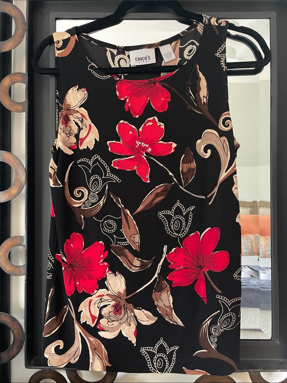 Chico's Travelers Black Tank with Red and Cream Floral Print Chicos size 1